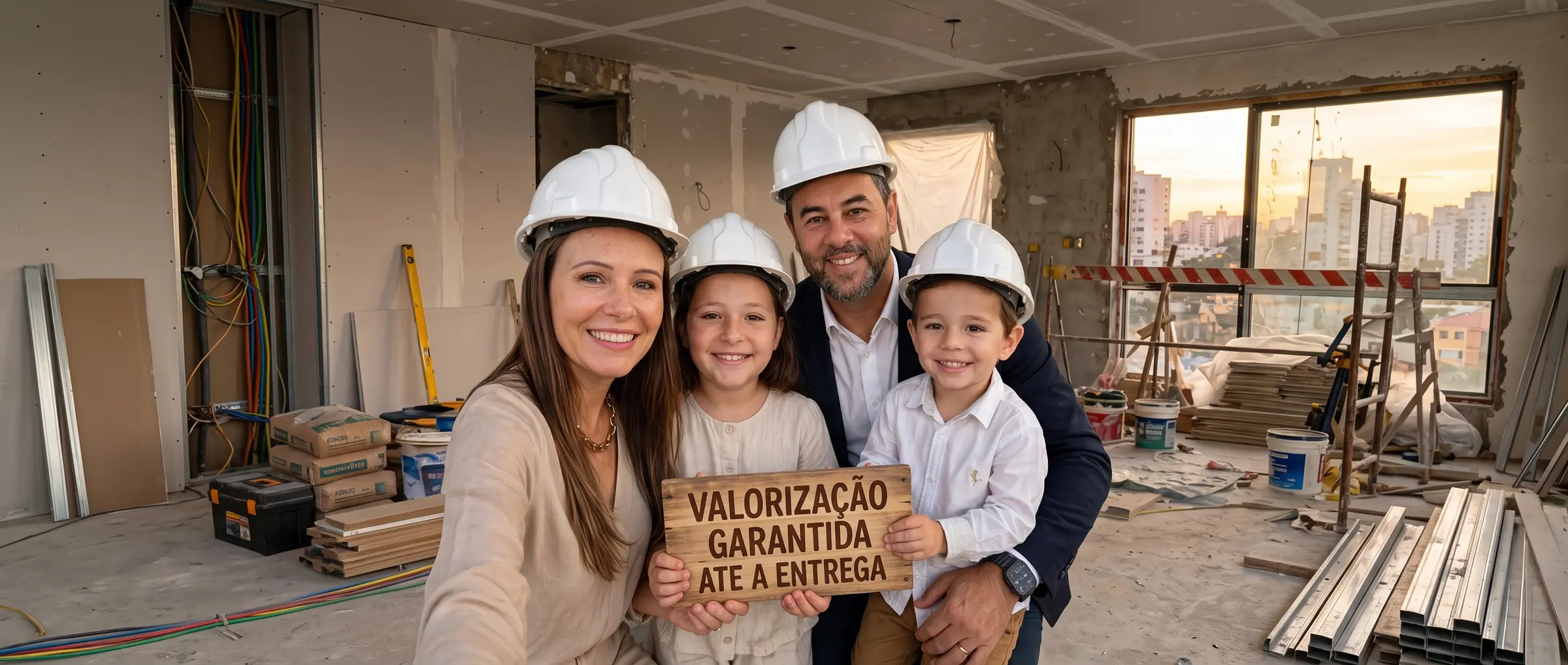 Jardel Valim com sua família, em uma obra imobiliária