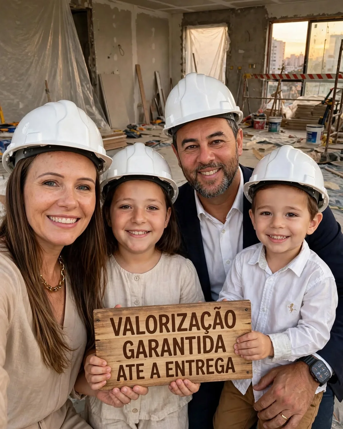 Jardel Valim com sua família, em uma obra imobiliária